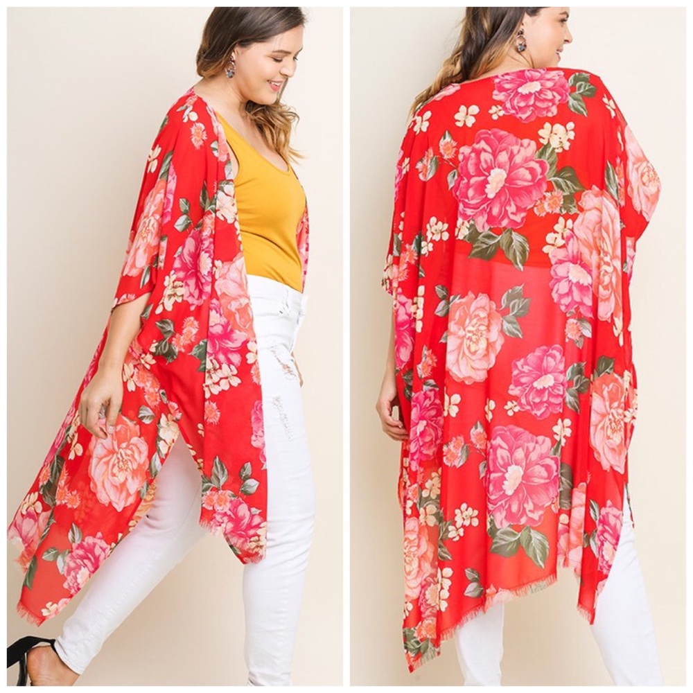 Sheer Floral Print Open Front Raw Edge Kimono - Picture 4 of 8